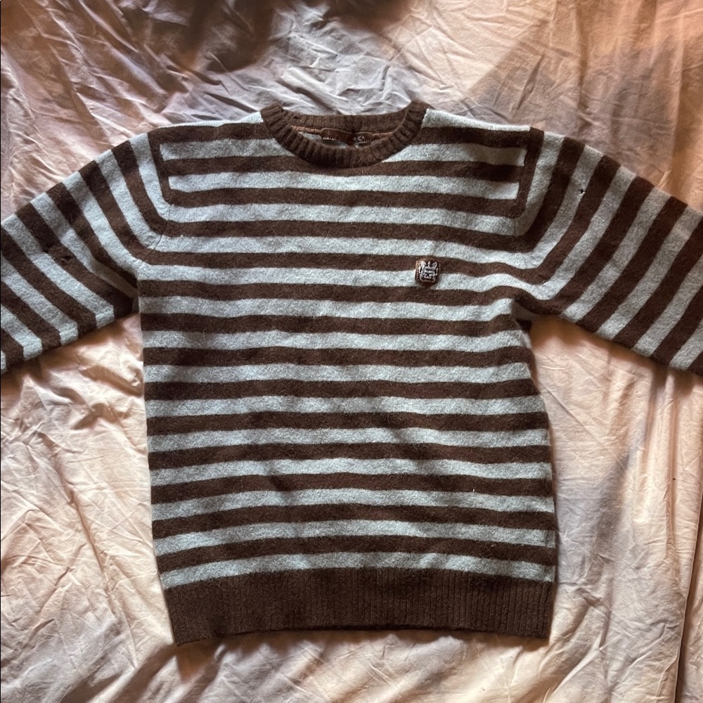 RVCA Men's Brown and Gray Striped Crewneck Sweater